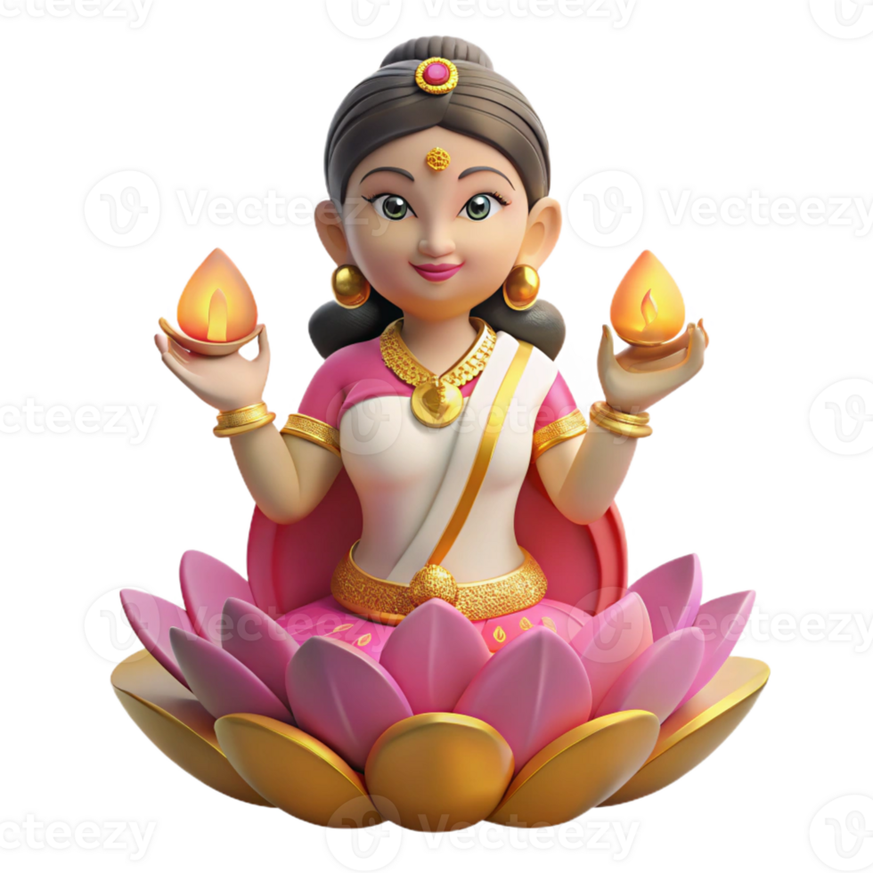 wonderful classic A graceful Hindu goddess Lakshmi, seated on a lotus flower, holding golden coins, traditional Indian miniature painting style, soft lighting, premium png