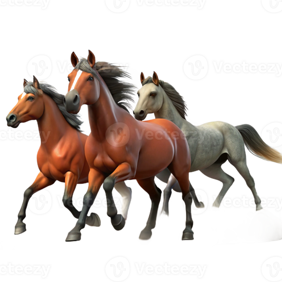 serene traditional A group of wild horses galloping across a vast plain, under a dramatic, cloudy sky, in a dynamic, realistic style premium png