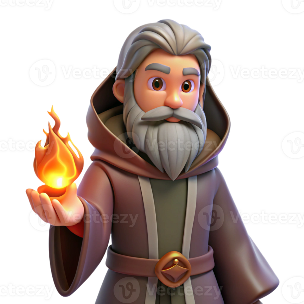wonderful minimalist A man with a long beard and a wise expression, wearing a robe, lit by a warm fire, fantasy art style 4K png