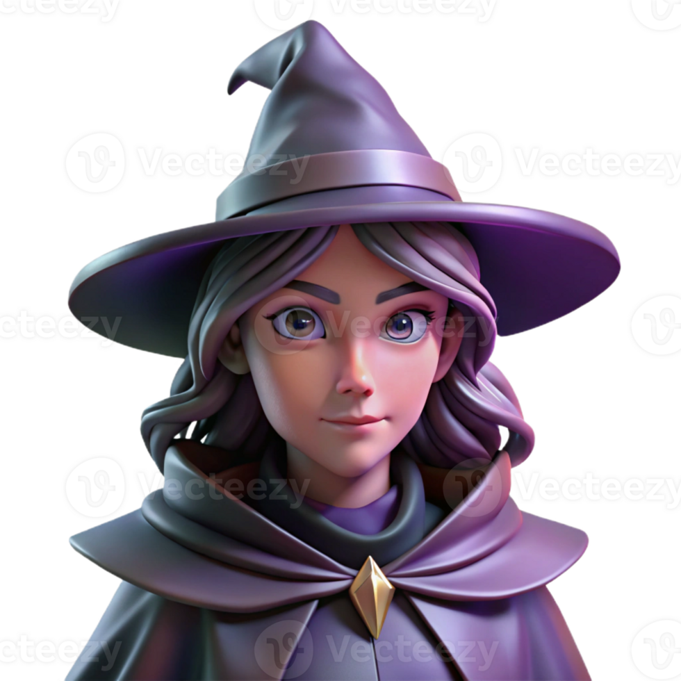 stunning artistic Portrait of a mysterious witch with a pointed hat and flowing robes, dark and moody lighting, fantasy art style high quality png
