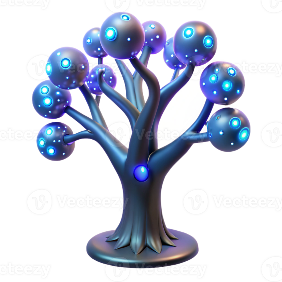 vibrant minimalist A bioluminescent tree with glowing circuitry embedded in its branches, fantasy style, ethereal lighting original png