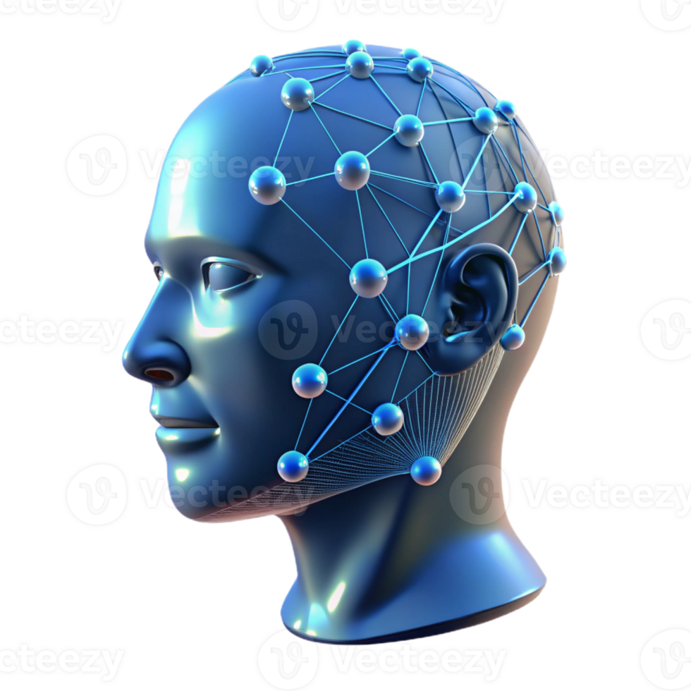 dramatic minimalist A transparent human head with binary code flowing through it, illuminated by a network of glowing lines, digital art style premium png