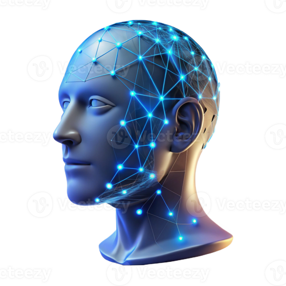 elegant traditional A transparent human head with binary code flowing through it, illuminated by a network of glowing lines, digital art style high resolution png