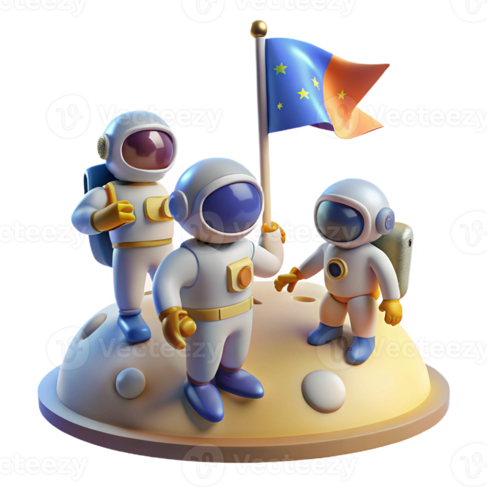 magnificent contemporary A group of astronauts planting a flag on a new planet, hopeful and optimistic, bright lighting high quality png