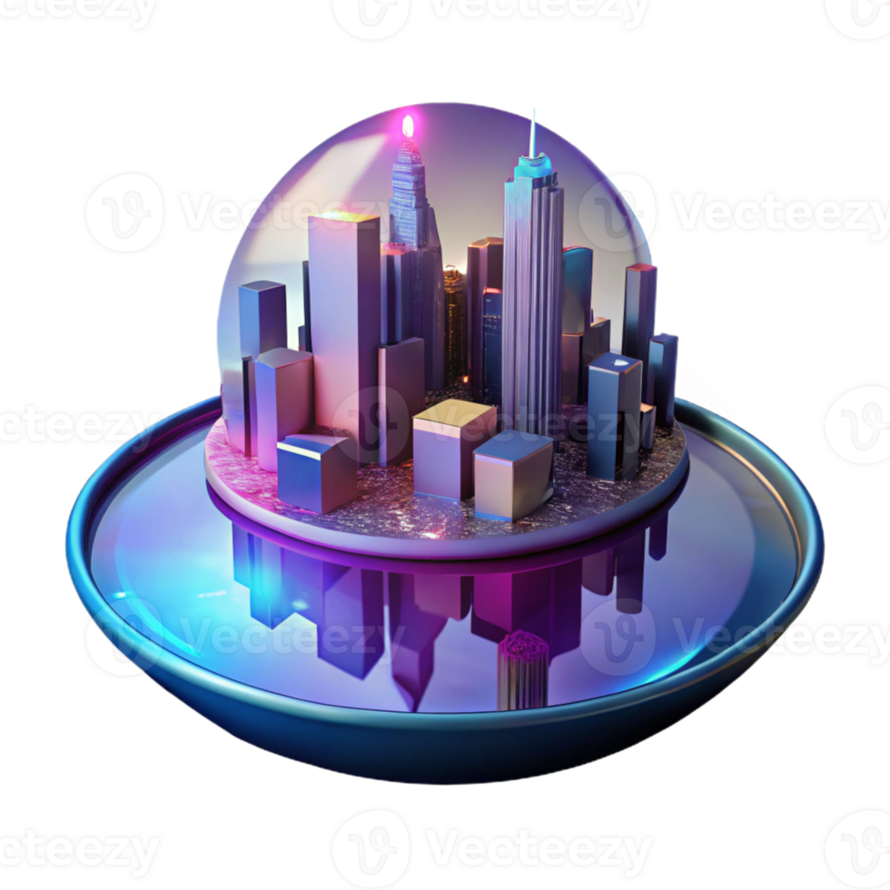 magnificent modern A futuristic city skyline reflected in a rain puddle, cyberpunk aesthetic, neon lights and reflections genuine png