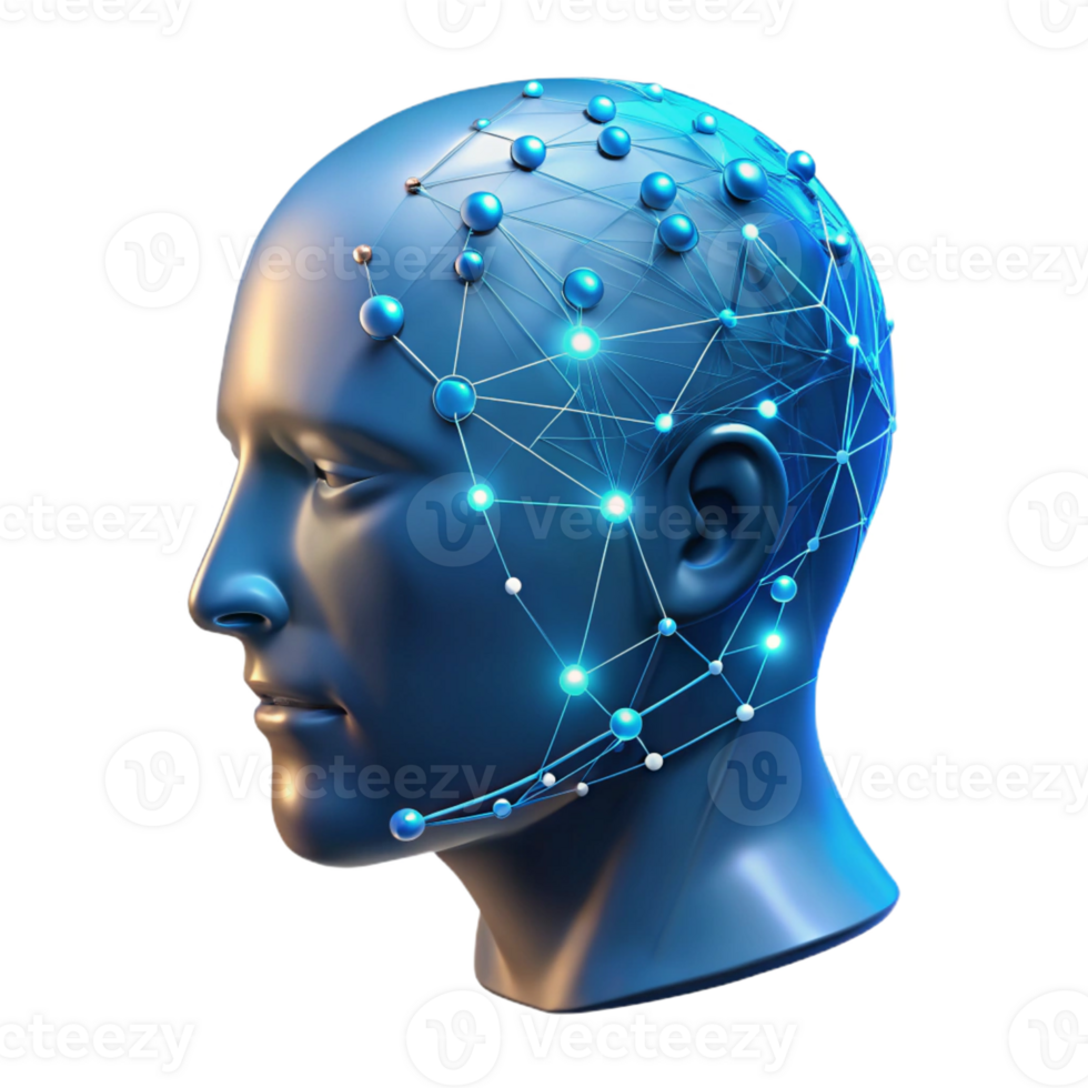 impressive minimalist A transparent human head with binary code flowing through it, illuminated by a network of glowing lines, digital art style genuine png