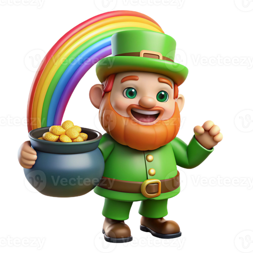 magnificent rustic A mischievous Irish leprechaun guarding a pot of gold at the end of a rainbow, cartoon style, bright lighting, authentic png