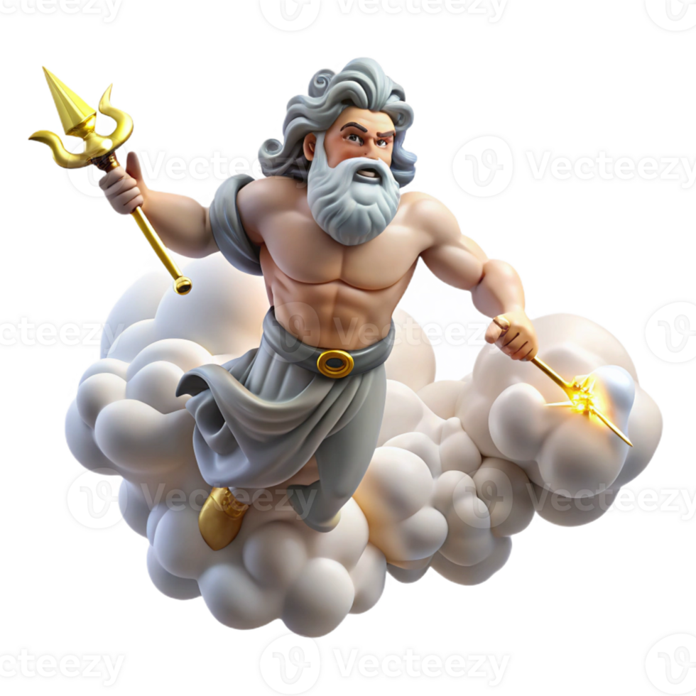 stunning creative A powerful Zeus hurling a thunderbolt from Mount Olympus, clouds swirling around him, rendered in a dynamic Renaissance style high resolution png