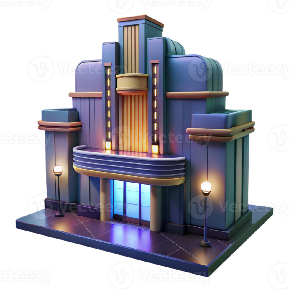 dramatic minimalist A towering Art Deco cinema, neon marquee lights, rainy night, film noir style detailed png
