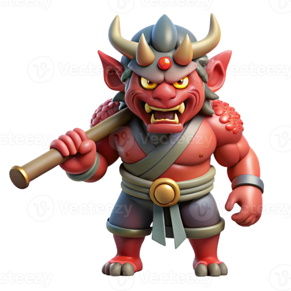 impressive vintage A oni wielding a kanabo club, fierce and intimidating, Japanese woodblock print style 4K png