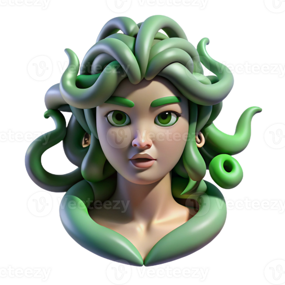 beautiful rustic Medusa with snakes for hair turning a warrior to stone, vibrant green and gray tones, Greek pottery style genuine png