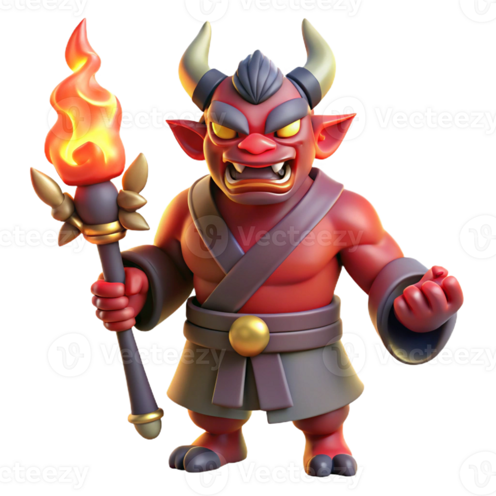 serene minimalist A powerful oni wielding a kanabo club, firelight, Japanese folklore style 4K png