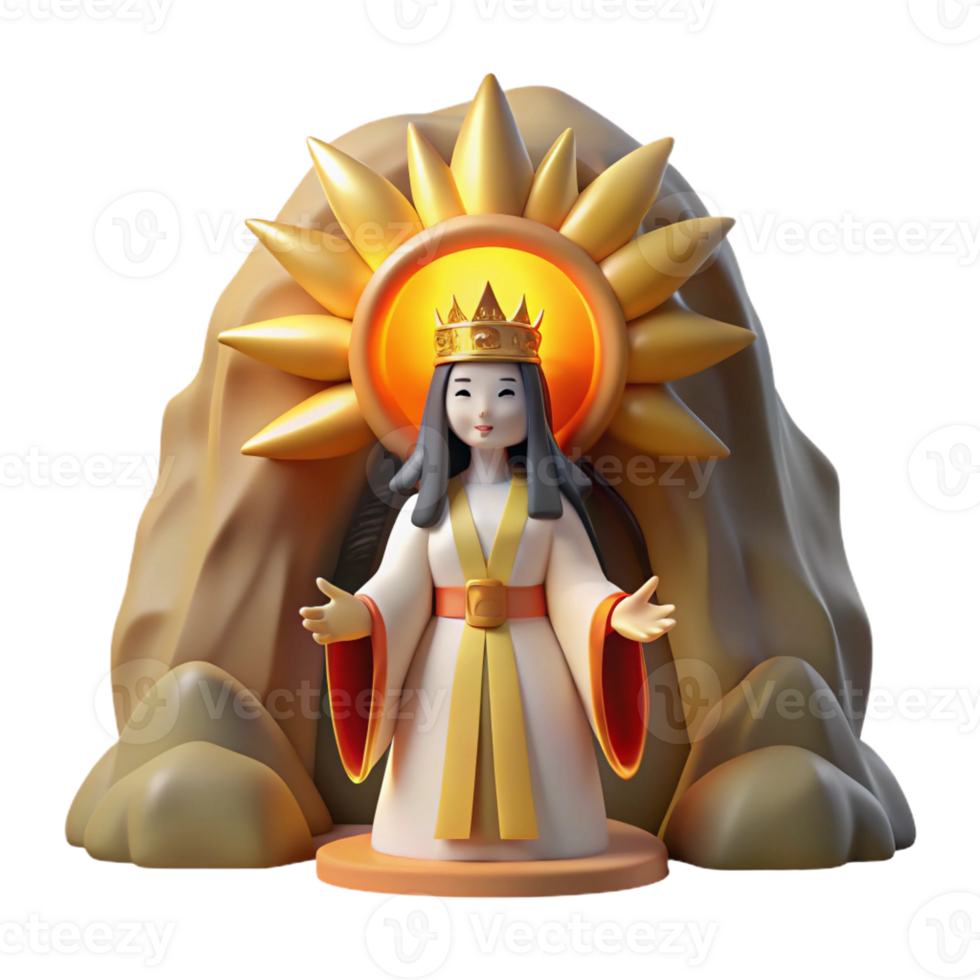 impressive contemporary The Japanese sun goddess Amaterasu emerging from a cave, radiating blinding light and warmth, Ukiyo-e style, bright lighting, professional png