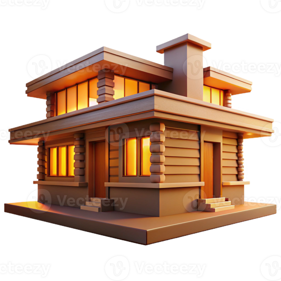 elegant artistic A Frank Lloyd Wright-style prairie house, horizontal lines, warm wood tones, golden hour light authentic png