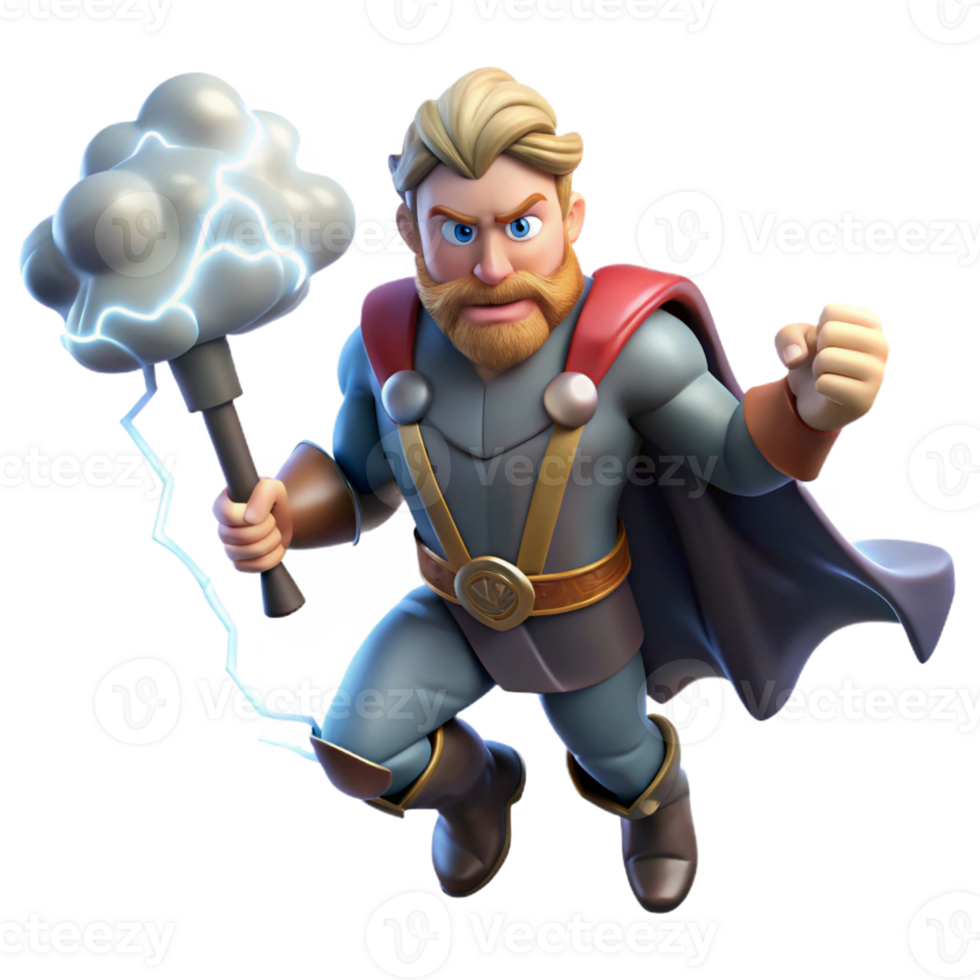 extraordinary traditional Thor summoning lightning with Mjolnir, thunderclouds swirling in the sky, rendered in a dramatic cinematic style detailed png