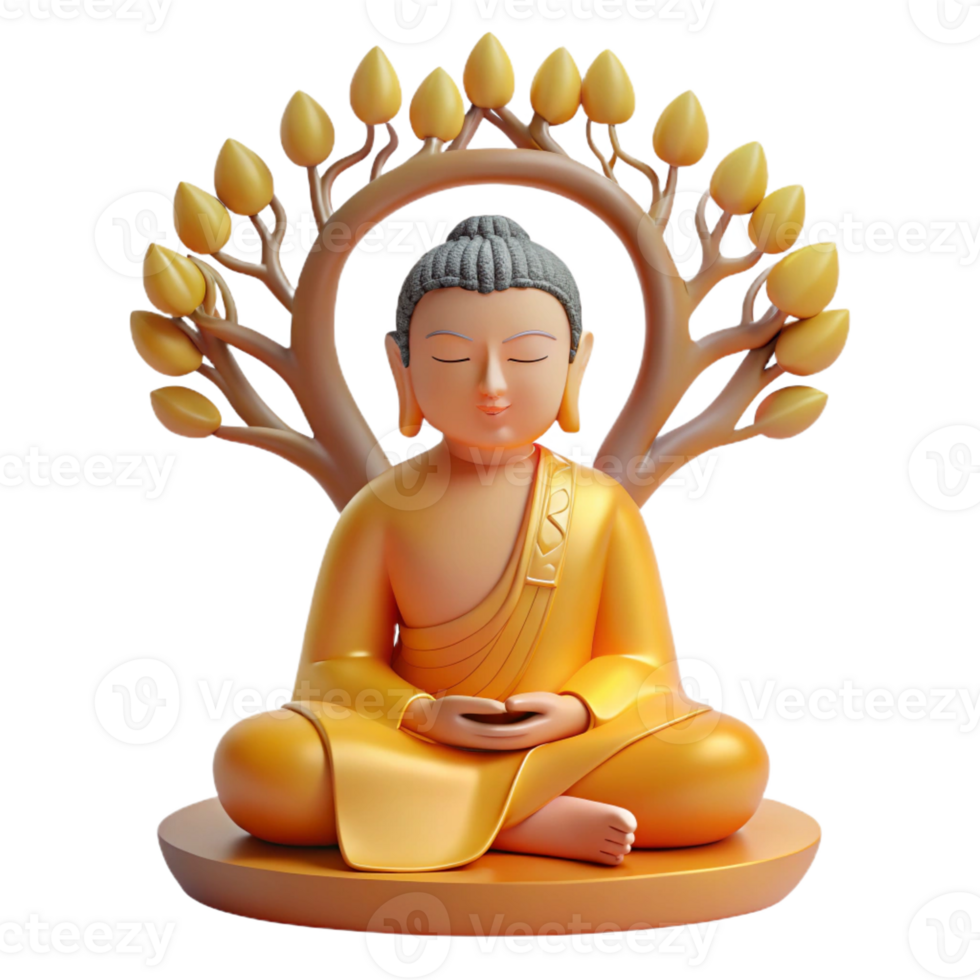serene creative A serene Buddha meditating beneath the Bodhi tree, bathed in soft golden light, traditional Asian painting style authentic png