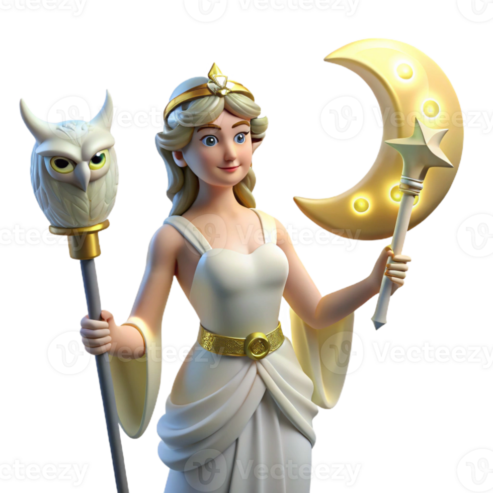serene modern A wise Athena, Goddess of Wisdom, holding an owl and a spear, bathed in the soft glow of moonlight, neoclassical style detailed png