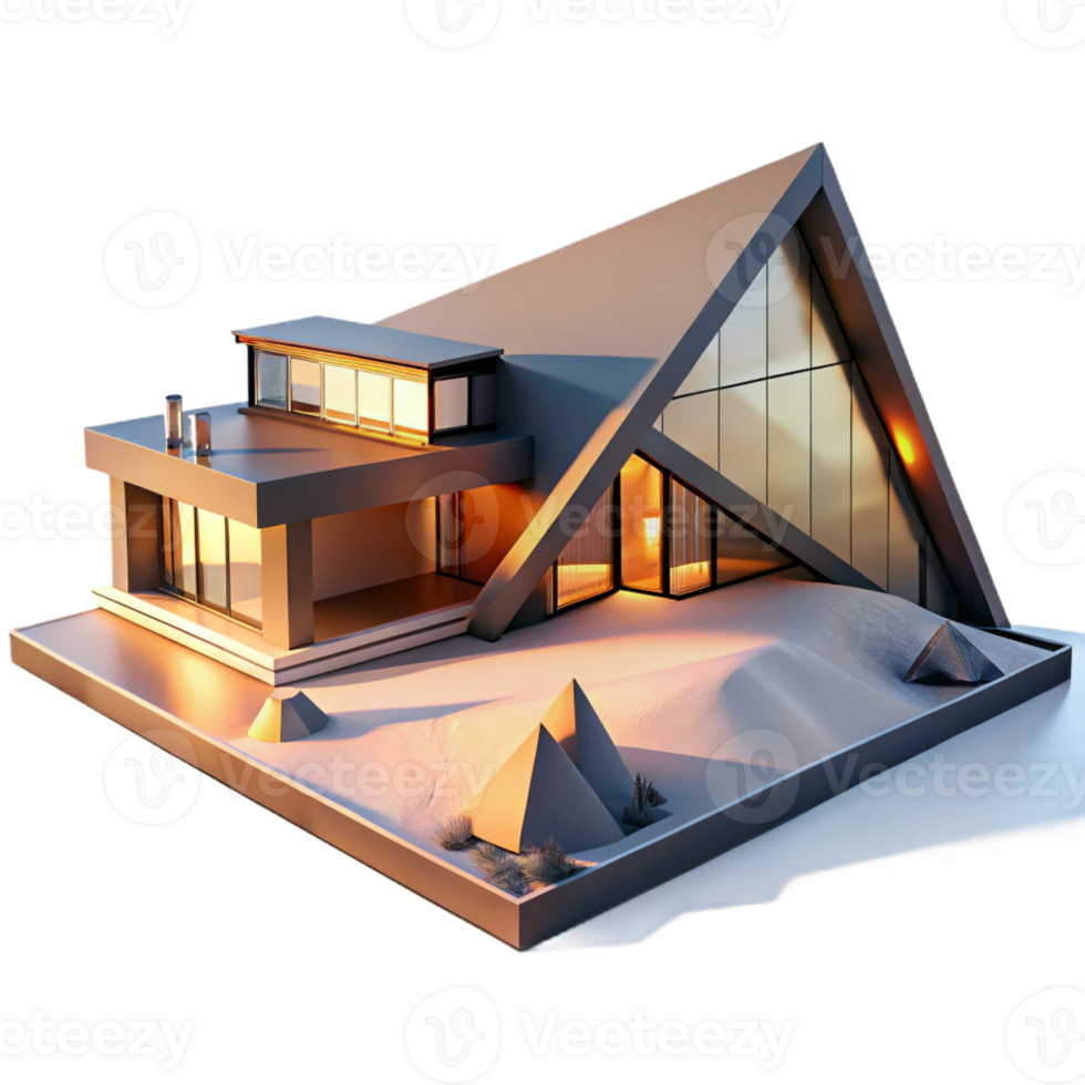 beautiful minimalist Ultramodern desert villa, sharp angles, reflective surfaces, sunset lighting, minimalist style, drone shot perspective, exclusive png