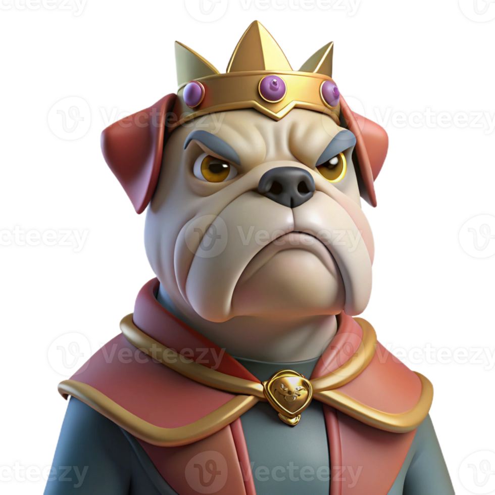 dramatic classic A grumpy-looking bulldog wearing a tiny crown and a velvet cape, lit dramatically from below, in a Renaissance painting style authentic png