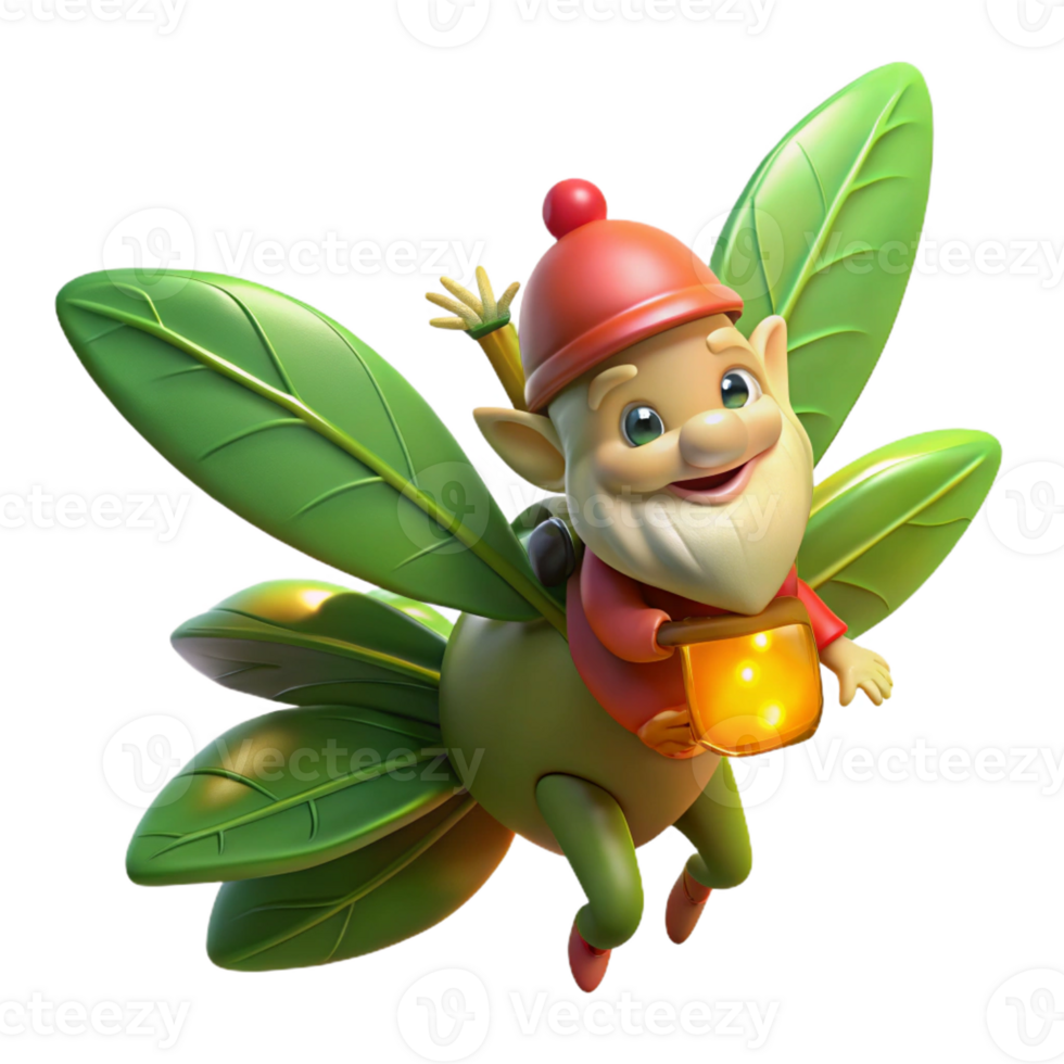 elegant contemporary A whimsical gnome riding a giant firefly through a luminescent forest, dappled sunlight filtering through the leaves, vibrant and painterly style genuine png
