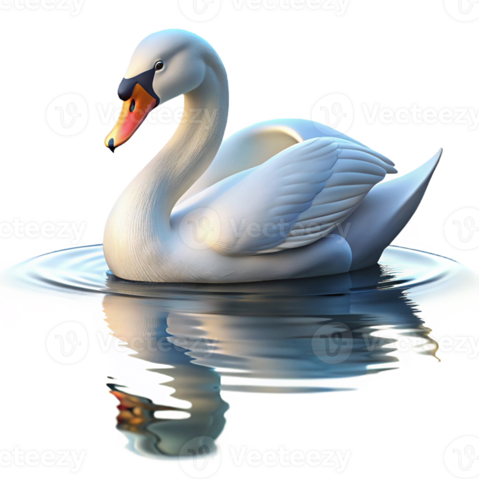 serene contemporary A graceful swan gliding across a still lake, serene setting, soft lighting, elegant reflection detailed png