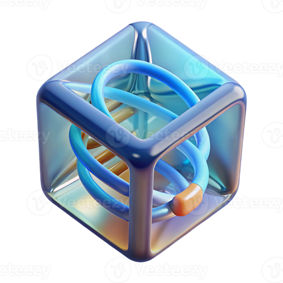 elegant contemporary A levitating transparent cube displaying a rotating DNA helix, futuristic style, soft lighting high resolution png