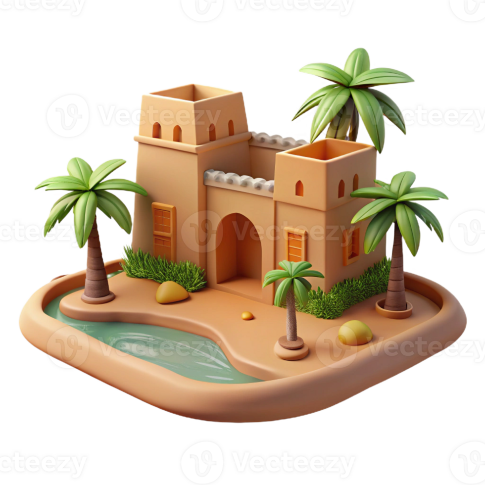wonderful contemporary Desert oasis, traditional mud-brick architecture, palm trees, bright sunlight, peaceful atmosphere, realistic rendering, premium png