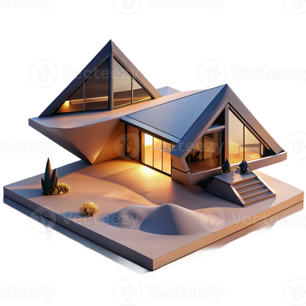 wonderful modern Ultramodern desert villa, sharp angles, reflective surfaces, sunset lighting, minimalist style, drone shot perspective, genuine png