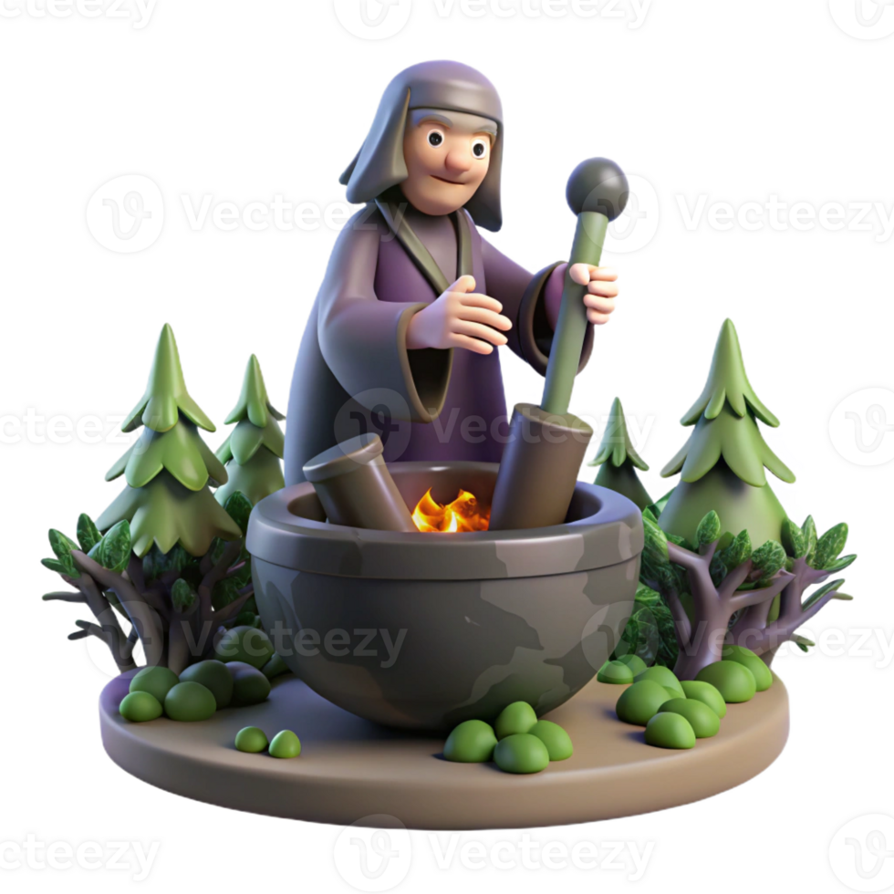 extraordinary abstract A powerful Slavic Baba Yaga flying in her mortar, pestle in hand, surrounded by dense forest, dark fantasy style, low lighting, exclusive png
