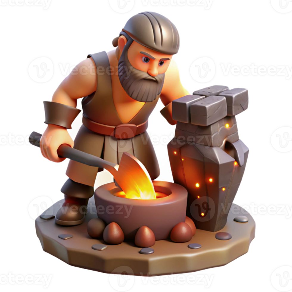 impressive vintage A cyclops forging a weapon in his cave, firelight illuminating his face, dramatic and powerful style professional png