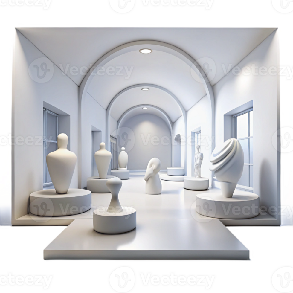 elegant artistic A modern art museum with sleek white walls and minimalist sculptures, bright natural light high resolution png