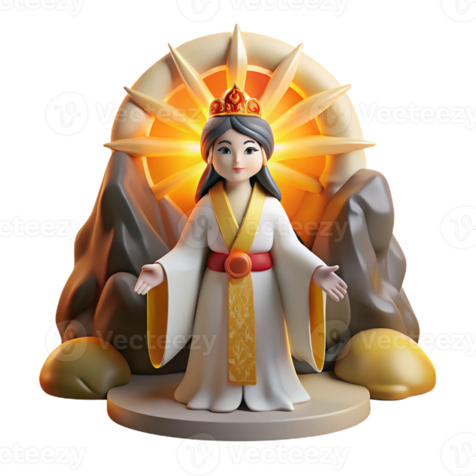 dramatic creative The Japanese sun goddess Amaterasu emerging from a cave, radiating blinding light and warmth, Ukiyo-e style, bright lighting, high quality png