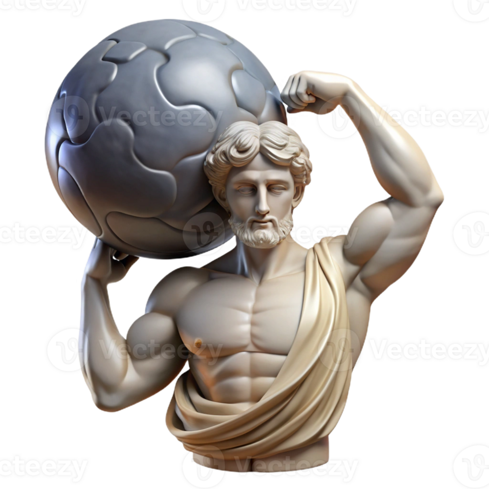 serene creative A stoic Atlas holding the celestial sphere on his shoulders, muscles straining under the weight, classical sculpture style high quality png