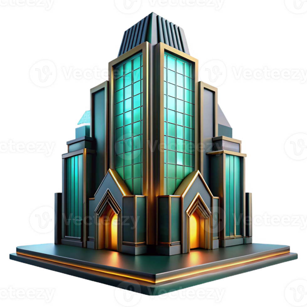 magnificent minimalist Art Deco skyscraper, intricate geometric facade, amber and teal neon lights, smooth metallic textures, dusk, rainy reflection on the street, hyperrealistic style authentic png
