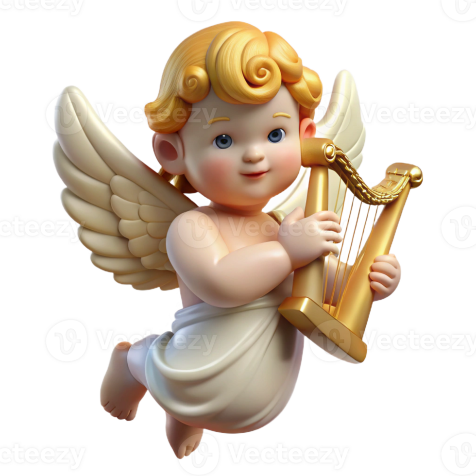 elegant modern A winged cherub playing a harp, soft golden light, Renaissance style premium png