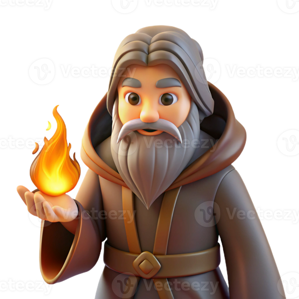 elegant minimalist A man with a long beard and a wise expression, wearing a robe, lit by a warm fire, fantasy art style original png