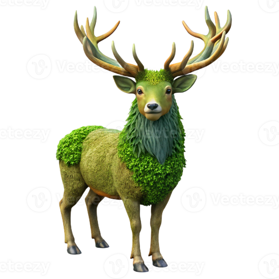 dramatic traditional A majestic stag with antlers covered in moss, hyperrealistic style, forest lighting premium png