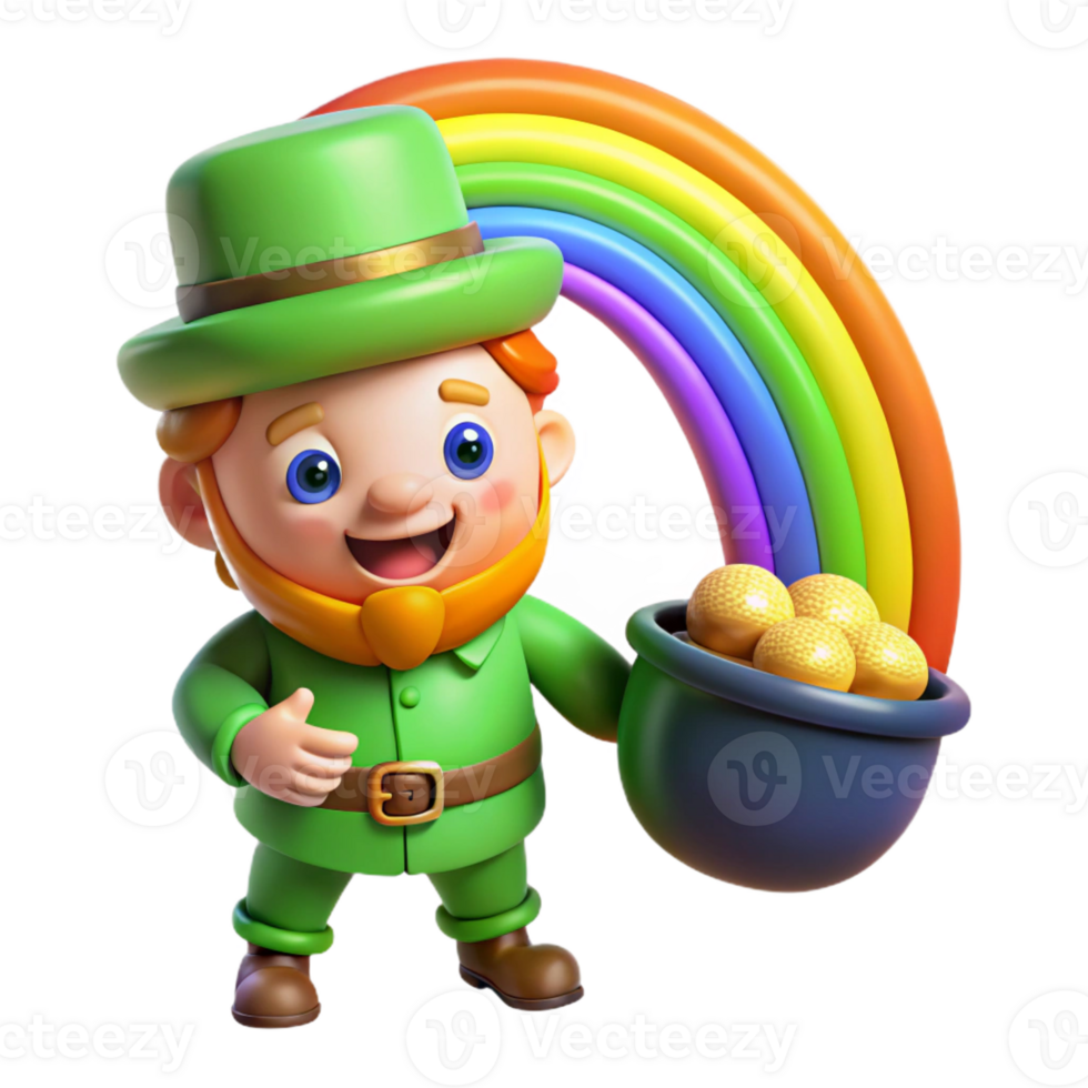 extraordinary rustic A mischievous leprechaun hiding a pot of gold at the end of a rainbow, whimsical illustration style, bright rainbow lighting detailed png