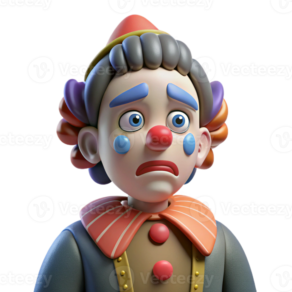 vibrant modern A clown with exaggerated features and a sad expression, wearing a tattered costume, dimly lit circus tent, melancholic style detailed png