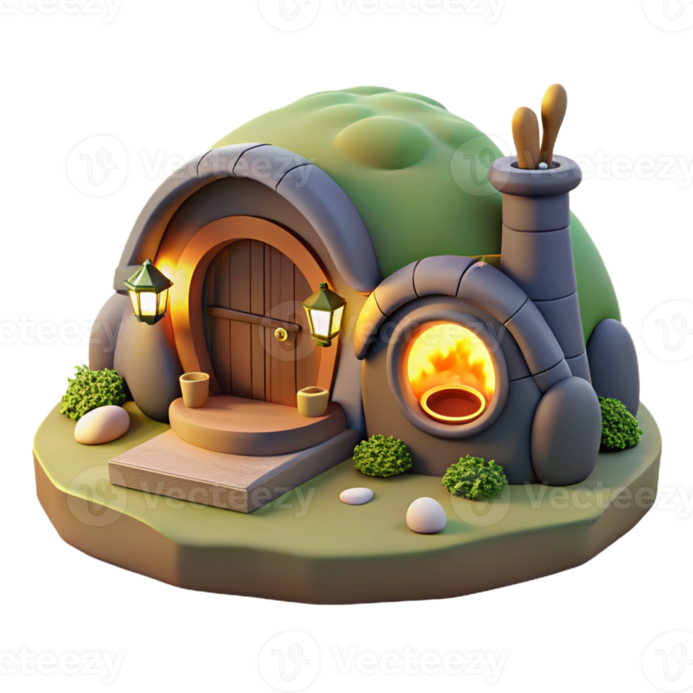 elegant artistic A cozy hobbit hole built into a hillside, warm firelight, inviting, storybook illustration style, exclusive png