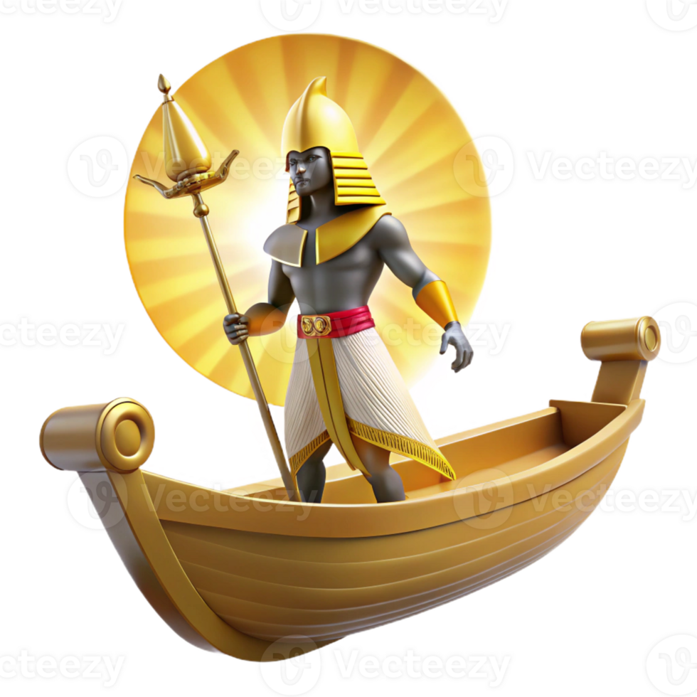 impressive classic The Egyptian god Ra sailing across the sky in his solar barque, bathed in golden sunlight, ancient Egyptian art style professional png