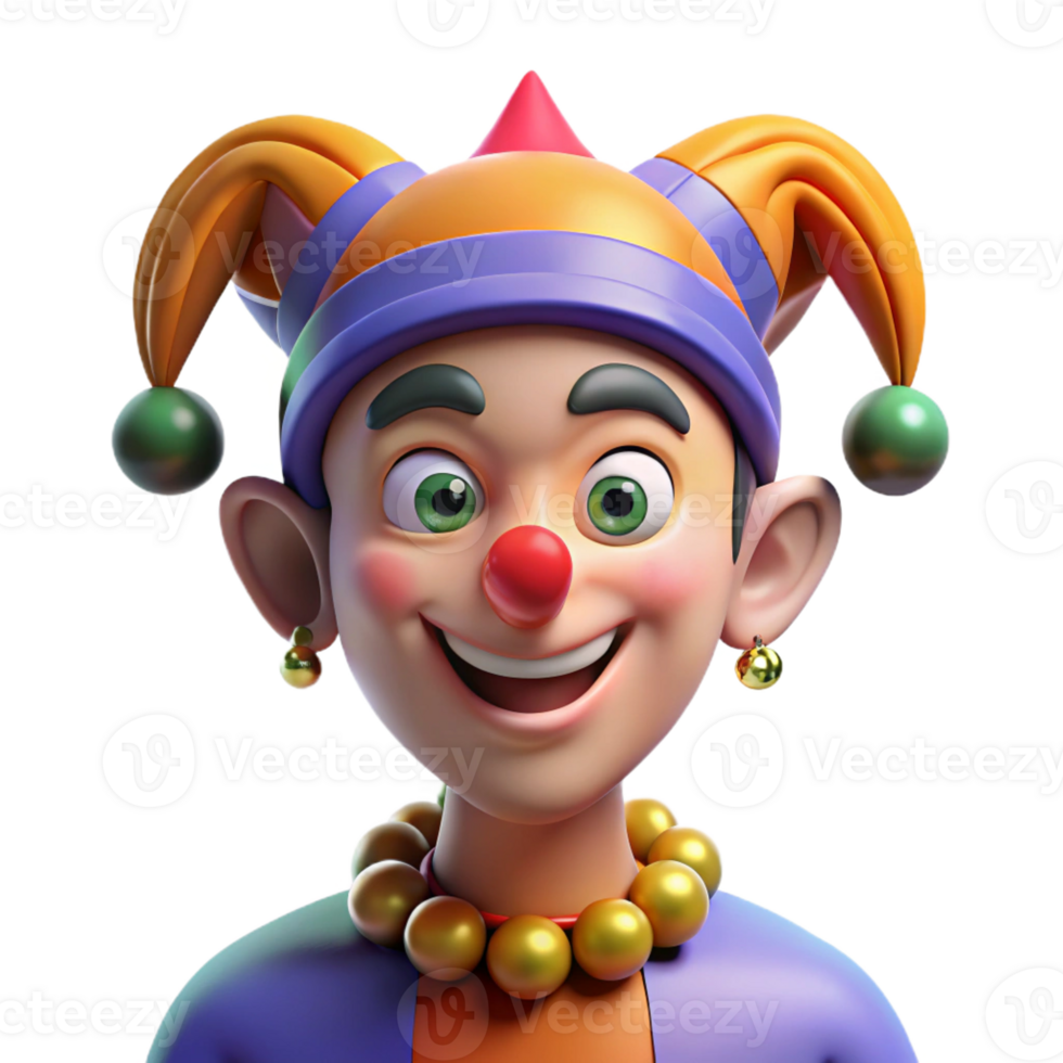 beautiful modern Portrait of a mischievous jester with colorful makeup and a bells on their hat, bright studio lighting, whimsical style 4K png