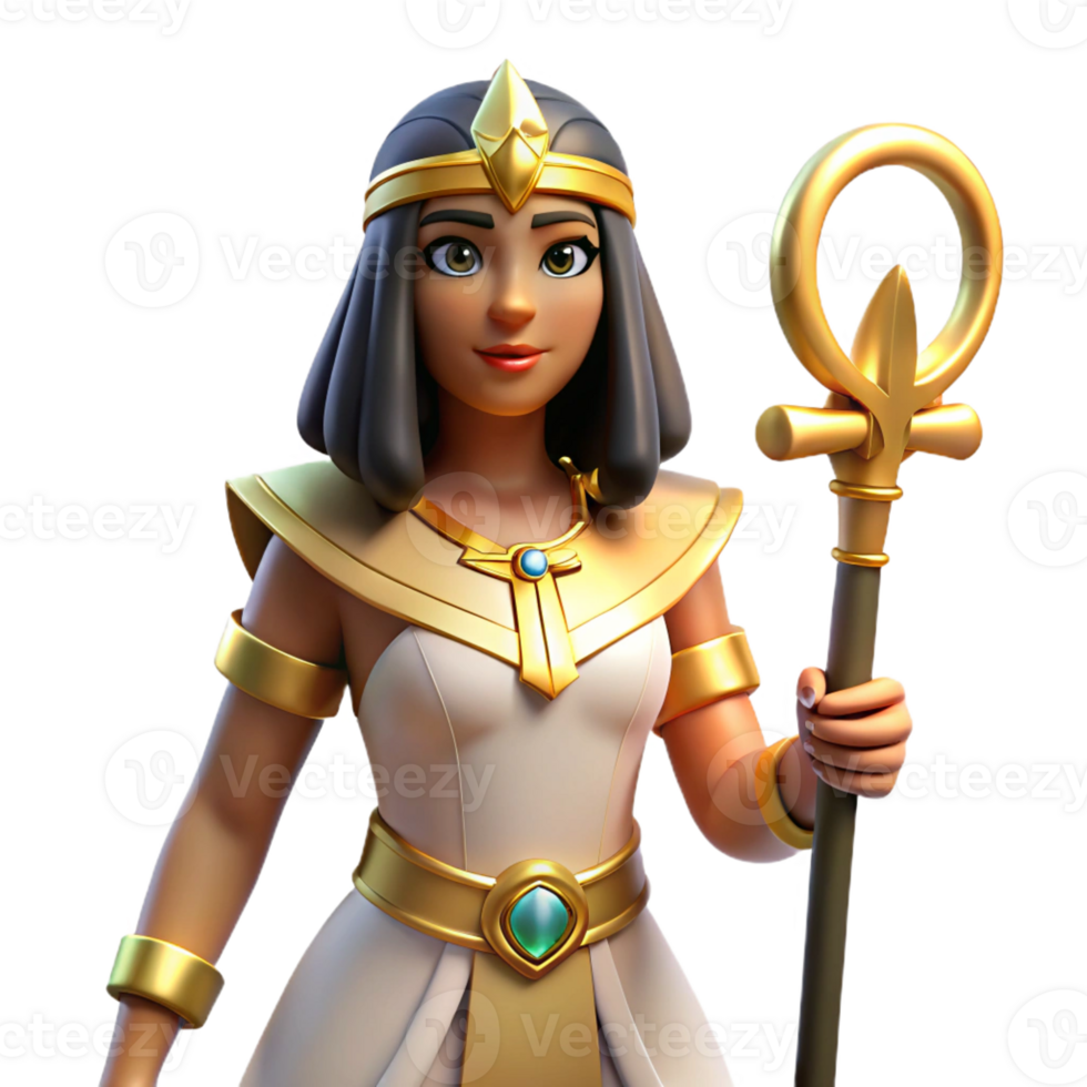 serene abstract Isis, the Egyptian goddess of magic and healing, holding the ankh, regal and powerful style professional png