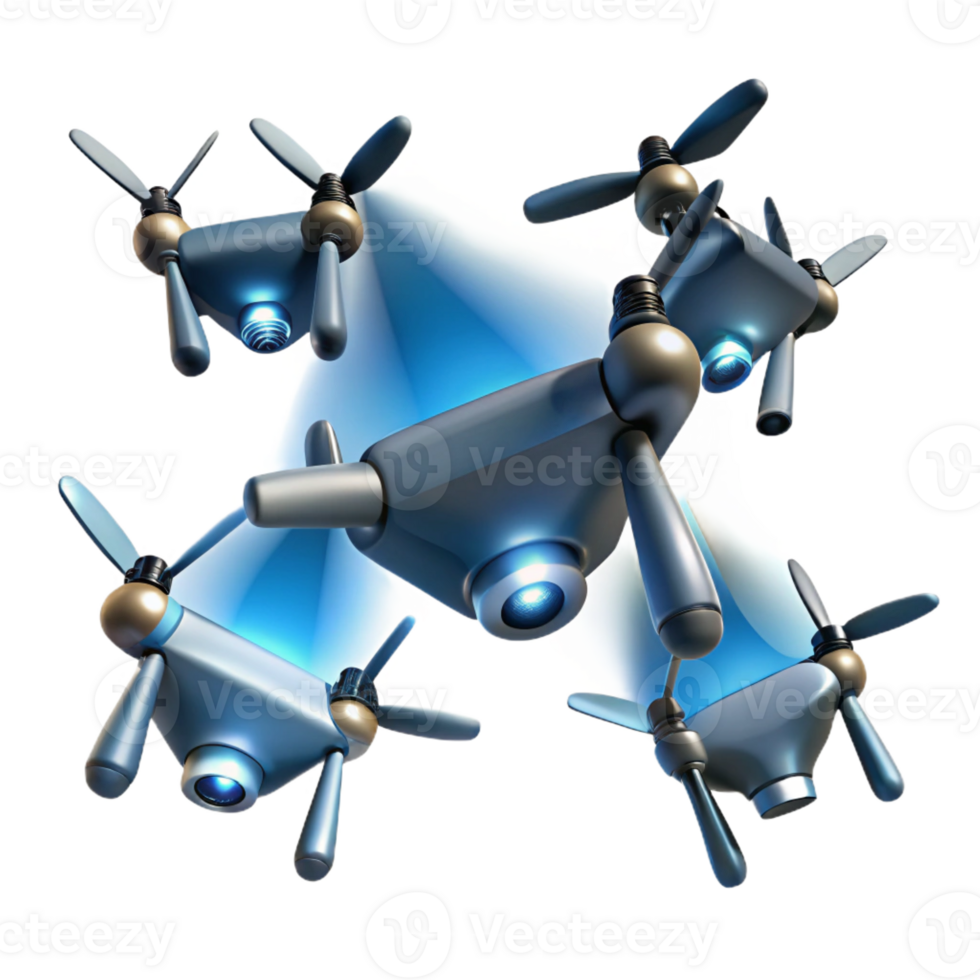 impressive contemporary A group of drones flying in formation, creating patterns in the sky, illuminated by spotlights from below detailed png