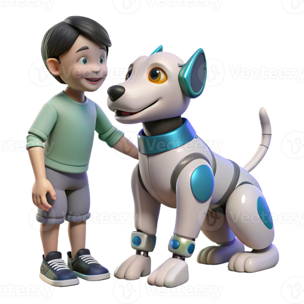 impressive creative A robotic dog interacting with a child, playful and friendly design, lit by warm, natural light exclusive png