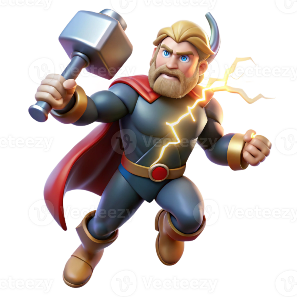 magnificent abstract Thor, wielding Mjolnir, summoning a lightning storm, dynamic composition, comic book style exclusive png