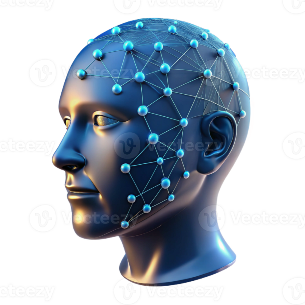 stunning minimalist A transparent human head with binary code flowing through it, illuminated by a network of glowing lines, digital art style exclusive png