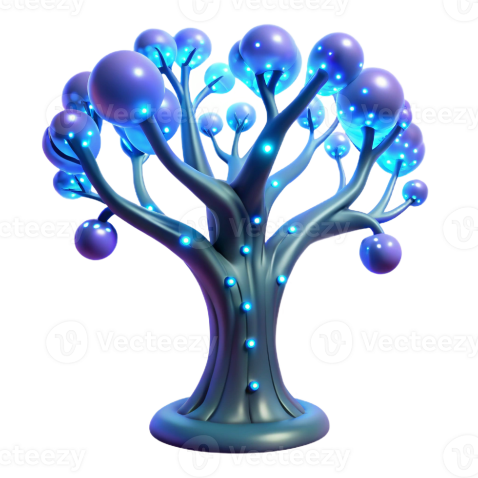 beautiful artistic A bioluminescent tree with glowing circuitry embedded in its branches, fantasy style, ethereal lighting high resolution png