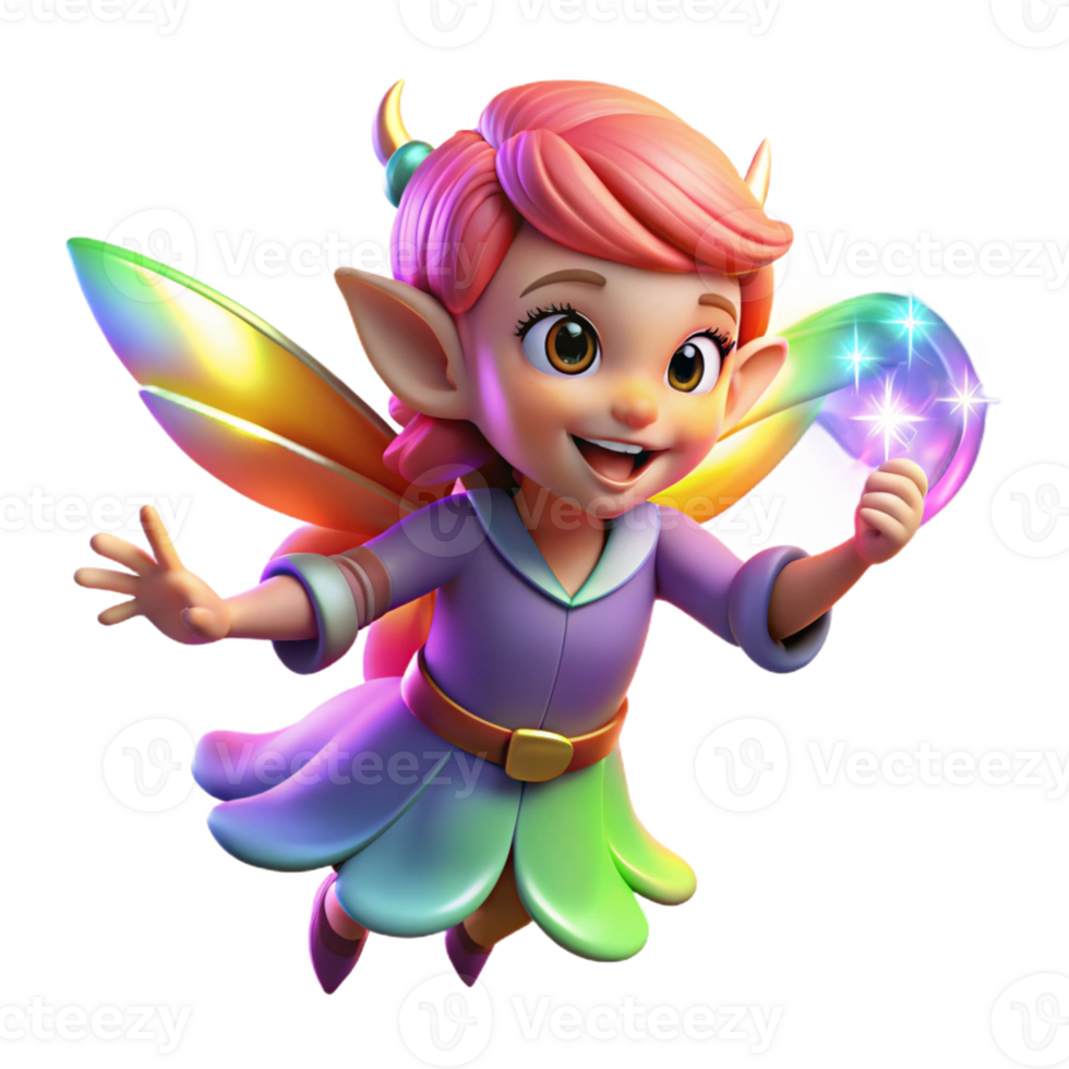 beautiful classic A mischievous pixie casting a spell with shimmering rainbow dust, vibrant neon lighting, anime style high quality png