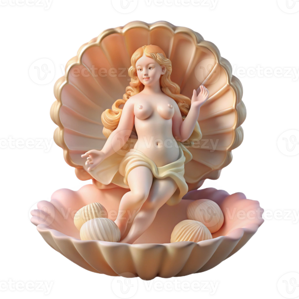 wonderful contemporary Aphrodite emerging from a giant scallop shell, surrounded by cherubs, soft and ethereal lighting, Renaissance style professional png
